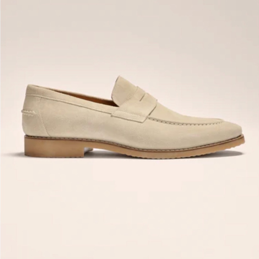 johnnie-O J-Flex Suede Penny Loafers Sand New! Sz 13 handcrafted calkskin lining